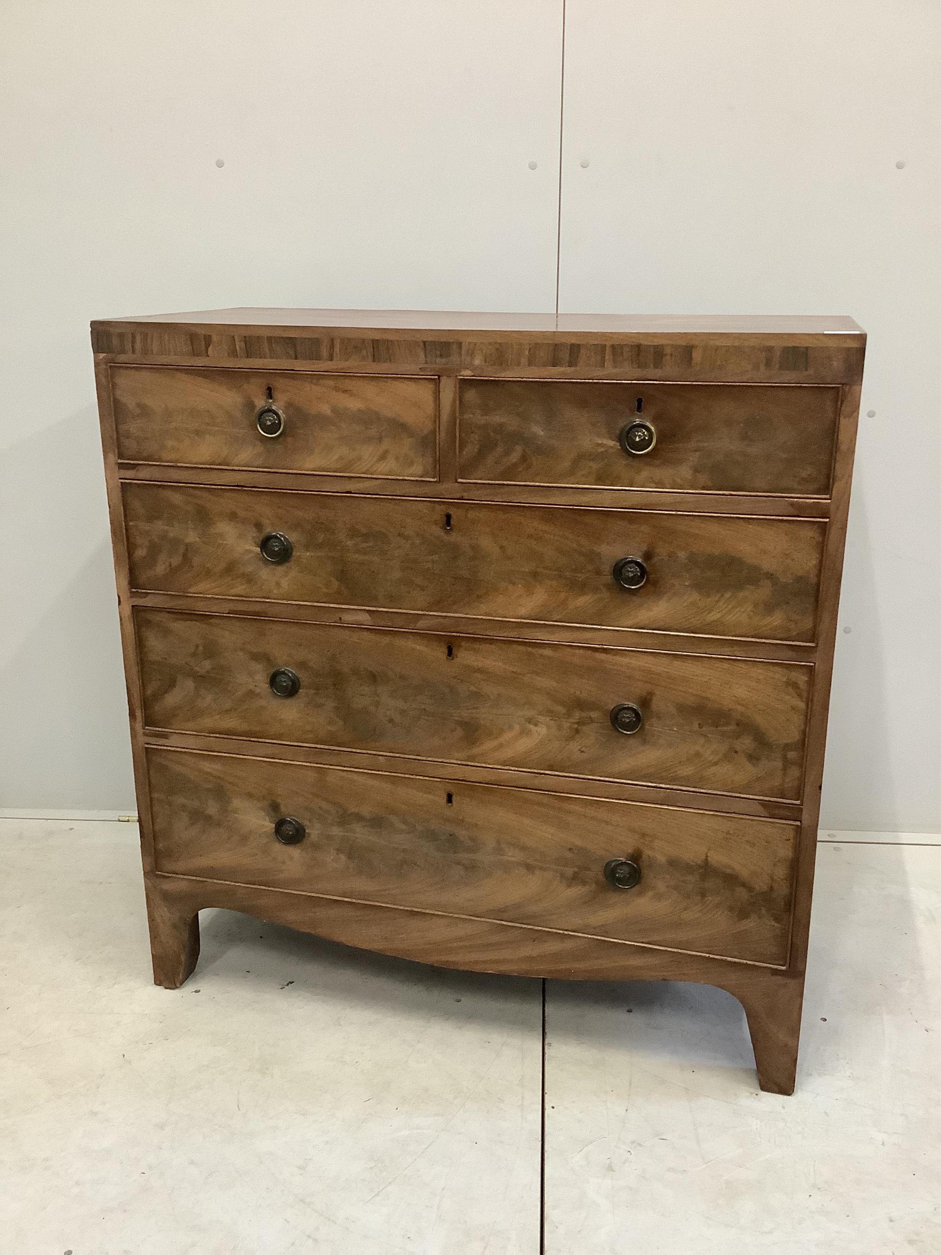 A Regency mahogany and rosewood banded chest of five drawers, width 104cm, height 109cm. Condition - a little faded and rubbed to the top, otherwise fair